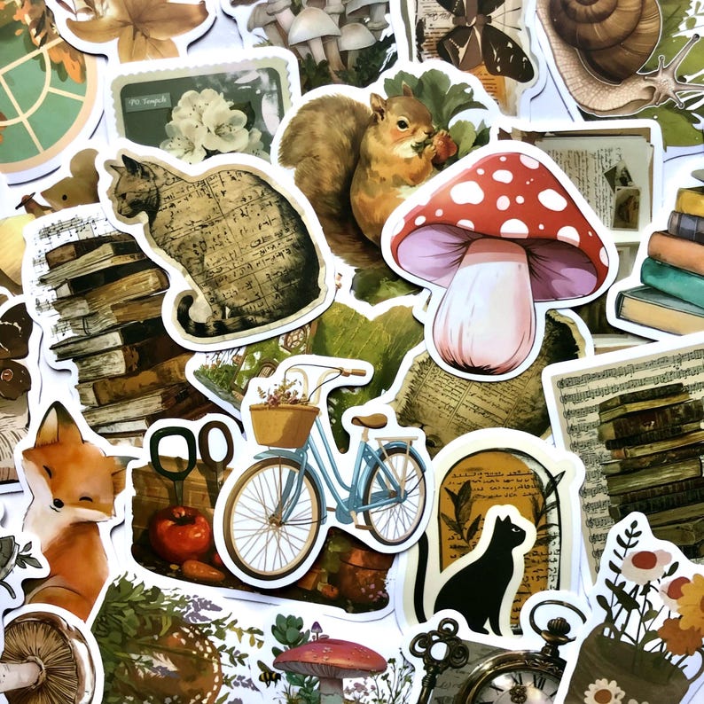 May include: A collection of vintage-style stickers featuring various illustrations, including a squirrel, a mushroom, a cat, a bicycle, a fox, and a stack of books. The stickers are printed on white paper with a glossy finish.