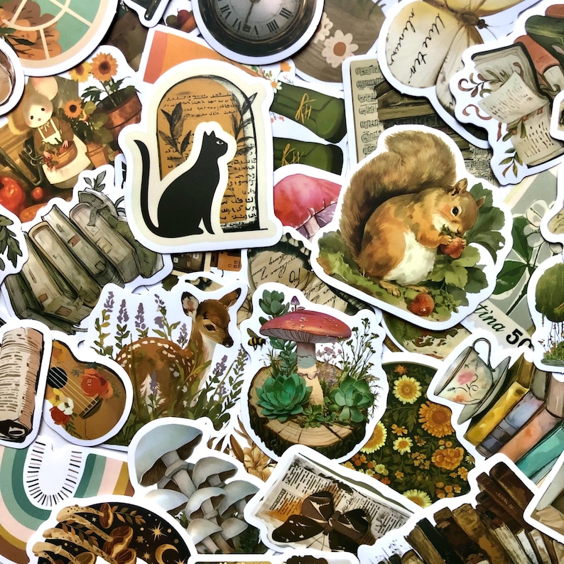 May include: A collection of vintage-style stickers featuring various illustrations, including a black cat, a squirrel, a deer, mushrooms, a guitar, and a book. The stickers are printed on white paper with a glossy finish.