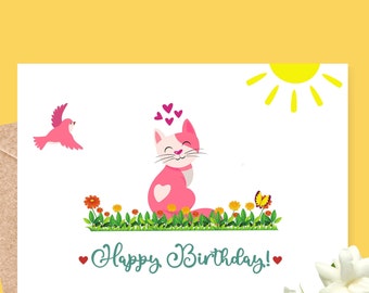 晴れやかな猫の誕生日ポストカード | かわいい猫のグリーティングカード | 心温まる動物のイラスト | 気まぐれな誕生日カード