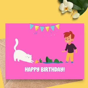 Carte d'anniversaire chat colorée - chat drôle avec des cadeaux - voeux mignon pour amoureux des chats - carte d'anniversaire pour elle ou lui
