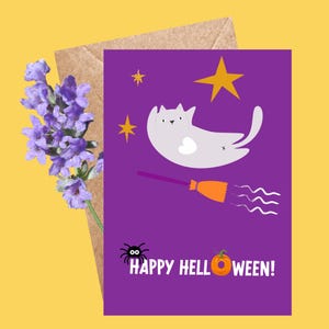 Flying Cat Halloween Postcard | Spooky Cute Cat Art | Magical Animal Greeting Card | Whimsical Holiday Illustration