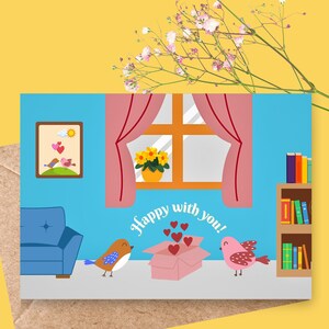postale de couples d'oiseaux | Illustration animale douce | Carte d'amour confortable | Jolie carte de voeux