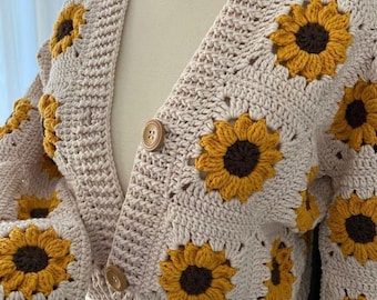 Sonnenblume Übergröße Dicke Strickjacke, Einzigartige Strickjacke für Frauen, süße Strickjacke, Gemütliche tägliche Strickjacke, Herbst Warme Warme Strickjacke