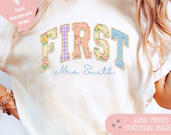 Maglietta personalizzata Comfort Colors® per insegnanti di prima elementare, maglietta effetto patchwork, maglietta trapuntata per il ritorno a scuola, regalo per i nuovi insegnanti.