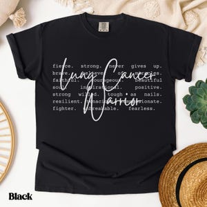 May include: Black t-shirt with white text that reads "Lung Cancer" and a list of words describing the characteristics of a lung cancer warrior.