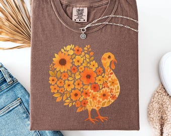 Comfort Colors® Floral Turkey T-Shirt, Watercolor Thanksgiving Shirt, Fall Vibes Shirt, Boho Floral Shirt, Womens TShirt, Thanksgiving Shirt