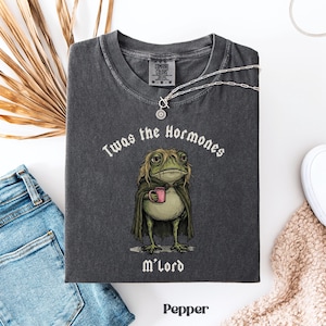 May include: A charcoal grey short-sleeve t-shirt featuring a graphic of a green frog with long hair wearing a cape and holding a pink mug. The text above the frog reads 'Twas the Hormones' and the text below the frog reads 'M'Lord' in white font.