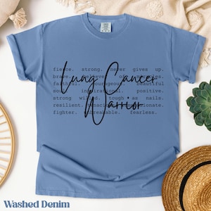 May include: A light blue t-shirt with a black graphic design that reads "Cancer.  Fierce. Strong. Never gives up. Brave. Believe in miracles. Faithful. Courageous. Beautiful soul. Inspirational. Positive. Strong willed. Tough as nails. Resilient. Tenacious. Passionate. Fighter. Unbreakable. Fearless."