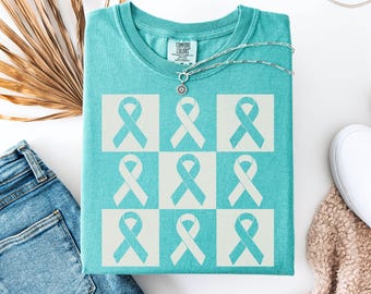 Maglietta da donna contro il cancro ovarico, maglietta di supporto per il cancro ovarico, regalo per combattenti contro il cancro, maglietta di sensibilizzazione con nastro verde acqua, maglietta verde acqua per combattenti contro il cancro