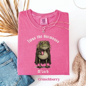 May include: A pink short-sleeved t-shirt featuring a graphic of a frog with long hair wearing a dark cloak and holding a pink mug. The text above the frog reads Twas the Hormones and the text below reads M'lord. The shirt has a crew neckline.