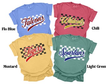 Camisetas con nombre de equipo escolar, camisetas de mascota personalizadas, camiseta de espíritu escolar, camiseta de equipo deportivo favorito, camiseta de mascota retro, camiseta con logotipo de escuela