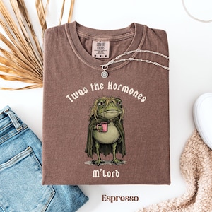 May include: A brown t-shirt featuring a graphic of a green frog with long hair wearing a dark cloak and holding a pink mug. The text above the frog reads "Twas the Hormones" and the text below reads "M'lord". The shirt has a Comfort Colors label.