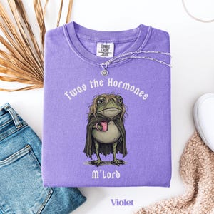 May include: A violet t-shirt featuring a graphic of a frog with long hair wearing a dark cape and holding a pink mug. The text above the frog reads 'Twas the Hormones' and the text below reads 'M'lord'. The shirt has a crew neck and short sleeves.