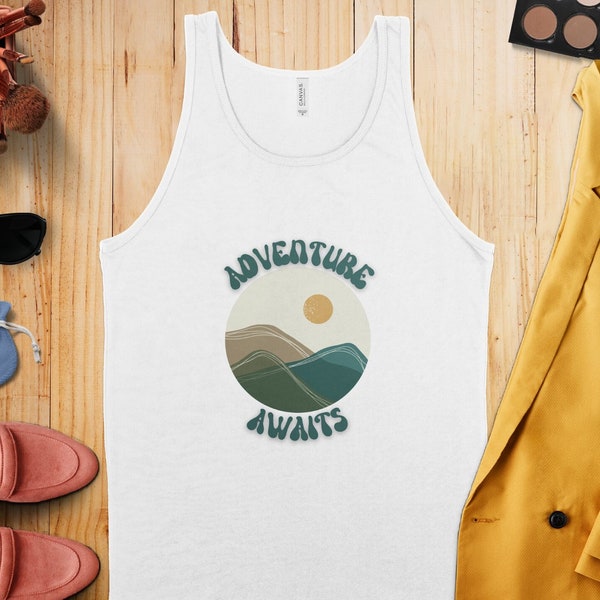 Adventure Awaits Mountain Landscape Graphic Tank Top, Nature Inspired Casual Wear