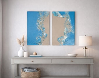 Abstract Coastal Diptych Wall Art, Blue and Neutral Canvas Set, Modern Minimalist Art, Ocean Inspired Wall Decor, 2 Panel Artwork