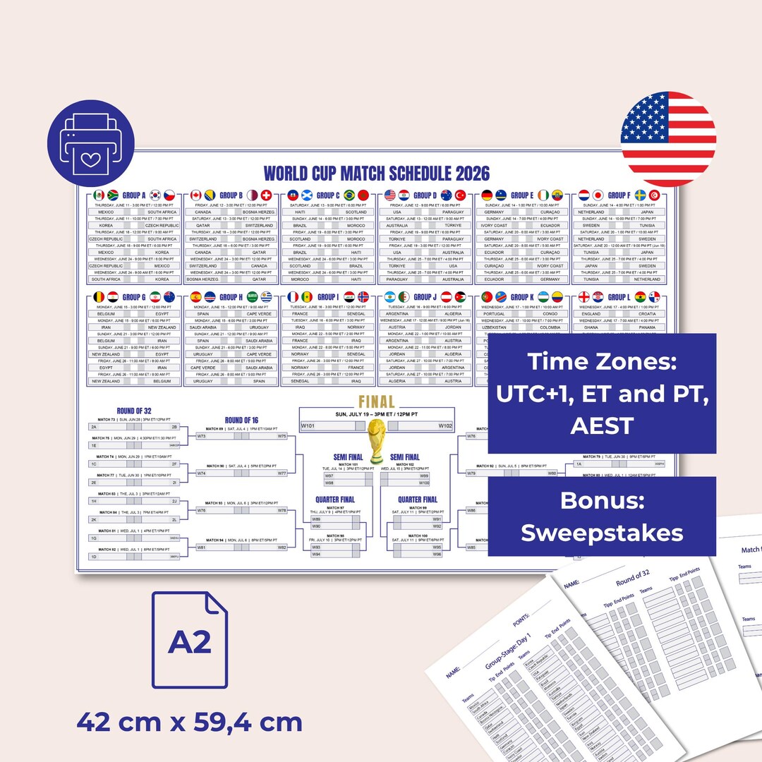 World Cup 2026 Schedule English Incl. Sweepstakes - 2026 World Cup Wall ...