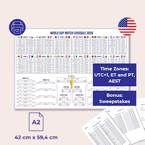 World Cup 2026 Schedule English incl. Sweepstakes - 2026 World Cup Wall Chart Printable PDF - A2 and A3 - Football Tournament Bracket