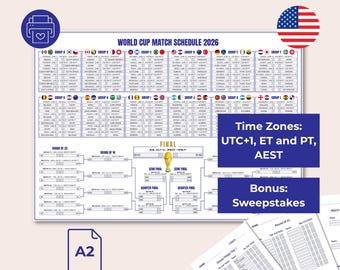 World Cup 2026 Schedule English incl. Sweepstakes - 2026 World Cup Wall Chart Printable PDF - A2 and A3 - Football Tournament Bracket