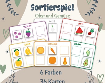 色分けゲーム：果物と野菜｜2～5歳幼児向けモンテッソーリ学習玩具｜子供向けアクティビティ｜印刷可能なPDFテンプレート