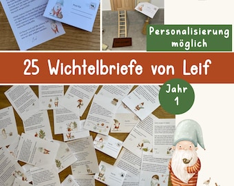 May include: A collection of 25 miniature letters from Leif, featuring printed German text, small gnome illustrations, and matching envelopes. The set includes a wooden ladder, a miniature door with a wreath, and a welcome mat for display.