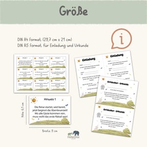 May include: A set of printed invitation and certificate cards. The cards have a light green background with illustrations of a sun, trees, and butterflies. The text includes "Einladung" and "Entdecker-Urkunde". The dimensions are 9 cm wide and 6.1 cm high.