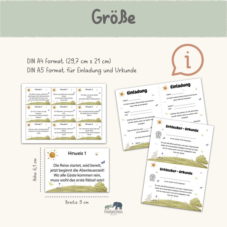 May include: A set of printed invitation and certificate cards. The cards have a light green background with illustrations of a sun, trees, and butterflies. The text includes "Einladung" and "Entdecker-Urkunde". The dimensions are 9 cm wide and 6.1 cm high.