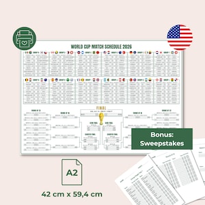 Puede incluir: Póster A2 del calendario de partidos de la Copa del Mundo 2026, 42 cm x 59,4 cm, con un calendario detallado de partidos, banderas de equipos y la palabra "FINAL". Incluye un sorteo de bonificación. Con la bandera americana.