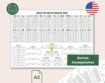 World Cup 2026 Schedule English incl. Sweepstakes - 2026 World Cup Wall Chart Printable PDF - A2 and A3 - Football Tournament Bracket