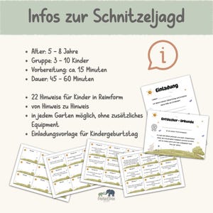 May include: A collection of printed cards and documents with text in German. The cards include invitation templates, certificates, and clue cards for a scavenger hunt. The design features illustrations of a sun, grass, and a rabbit. The text includes information about the activity.