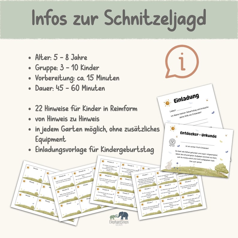 May include: A collection of printed cards and documents with text in German. The cards include invitation templates, certificates, and clue cards for a scavenger hunt. The design features illustrations of a sun, grass, and a rabbit. The text includes information about the activity.
