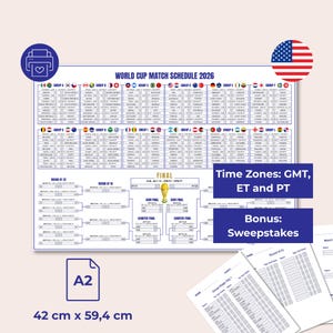 Pode incluir: Pôster A2 do calendário de jogos da Copa do Mundo de 2026, 42 cm x 59,4 cm, com um cronograma de jogos detalhado, informações sobre fusos horários e um bônus de sorteio. Inclui a bandeira americana e um ícone de impressão.