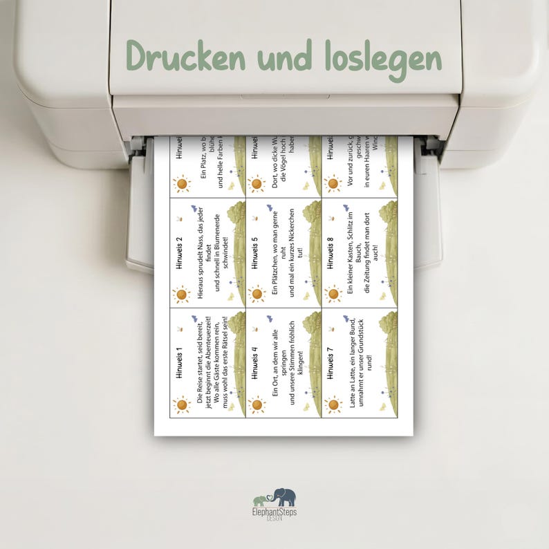May include: A printer is shown with a sheet of paper with eight small cards printed on it. Each card has a sun graphic and German text. The text "Drucken und loslegen" is printed above the paper.
