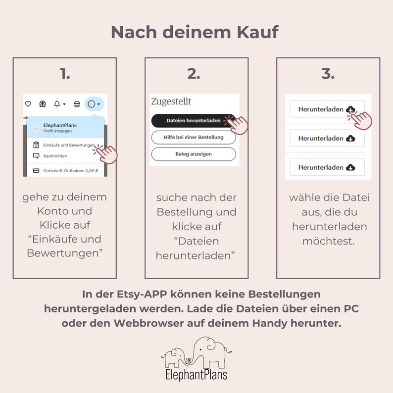 May include: A step-by-step guide with numbered sections and screenshots, showing how to download files after purchase. The guide includes text in German and English, with the ElephantPlans logo at the bottom. The background is a light pink color.