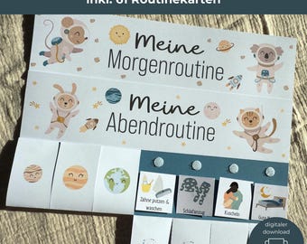 Morgen- & Abendroutine Kinder Weltraum – Tagesplan Montessori, Routineplaner zum Ausdrucken Download, Morgenroutine Plan Kleinkind PDF