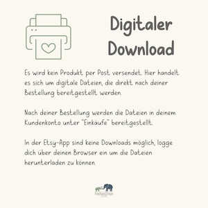 May include: A digital download graphic with the text "Digitaler Download" and a printer icon. The image also includes text in German explaining the digital file delivery process. The ElephantSteps Design logo is at the bottom.