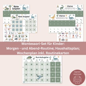 Conjunto Montessori para crianças com design de dinossauro – Rotina matinal e noturna, planejador semanal e gráfico doméstico com 400 cartões de rotina