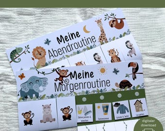 Morgen- & Abendroutine Kinder Safari – Tagesplan Montessori, Routineplaner zum Ausdrucken Download, Morgenroutine Plan Kleinkind PDF