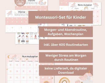 Montessori set for children in a unicorn design – morning routine, evening routine, household plan & weekly planner with 400+ routine cards