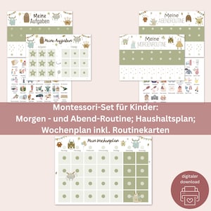 Conjunto Montessori para crianças com design de monstro – Rotina matinal e noturna, planejador semanal e gráfico doméstico com 400 cartões de rotina
