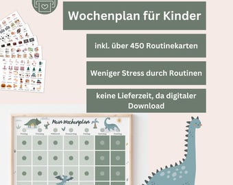 Wochenplan für Kinder mit Routinekarten Dino – Tagesplaner Schulkind, Wochenübersicht Kinder, Montessori Wochenplaner zum Ausdrucken PDF