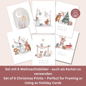 Conjunto de 6 adorables tarjetas y pósteres navideños: diseños de animales extravagantes para una temporada festiva. Descarga digital imprimible.