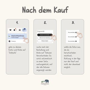 May include: A step-by-step guide with illustrations on how to download files after purchase. The guide is in German and features a light gray background with white text and illustrations. The ElephantStepsDesign logo is at the bottom.