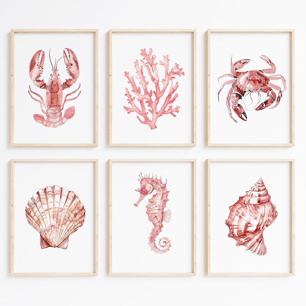 Red shell print set of 6 in watercolor coastal prints as maritime wall art for the beach house with lobster crab seahorse