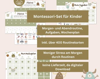 Montessori set for children in a monster design – morning routine, evening routine, household plan & weekly planner with 400+ routine cards