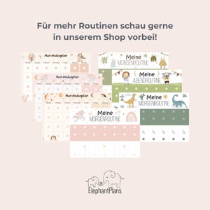 May include: A collection of colorful routine charts with various designs, including unicorns, dinosaurs, and rainbows. The charts are labeled with German text and the ElephantPlans logo is at the bottom.
