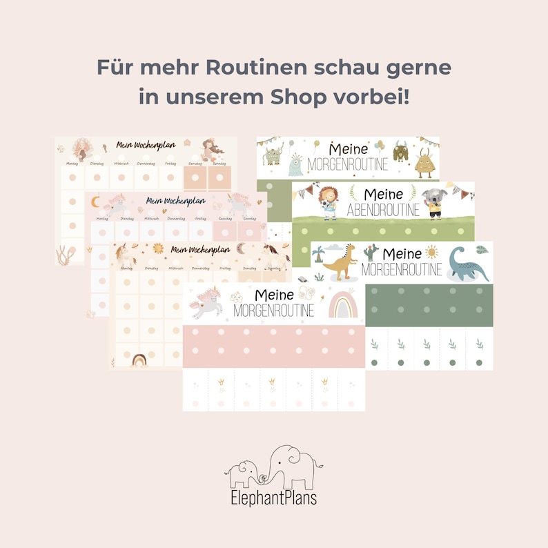 May include: A collection of colorful routine charts with various designs, including unicorns, dinosaurs, and rainbows. The charts are labeled with German text and the ElephantPlans logo is at the bottom.