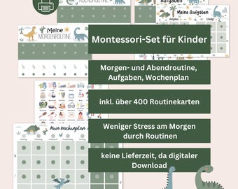 Montessori set for children in a dinosaur design – morning routine, evening routine, household plan & weekly planner with 400+ routine cards