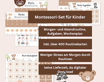 Montessori set for children in a woodland animal design – morning routine, evening routine, household plan & weekly planner with 400+ routine cards