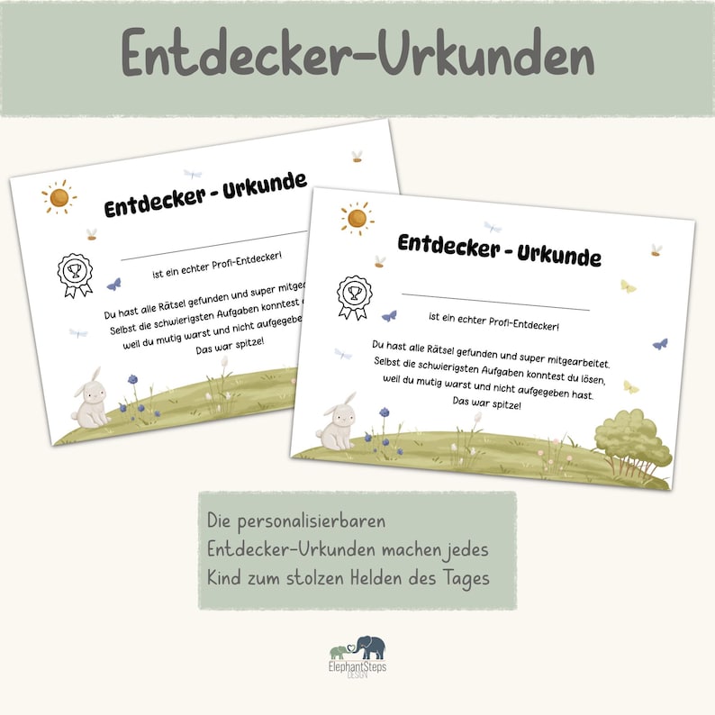 May include: Two certificates with the text "Entdecker-Urkunde" in German. The certificates have illustrations of a sun, a bunny, and a tree. The text on the certificates is in German.