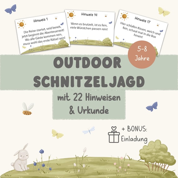 Outdoor Schnitzeljagd für Kinder – für Ferien und Kindergeburtstag zum Ausdrucken ab 5 Jahren im Garten Schatzsuche Kinderschnitzeljagd
